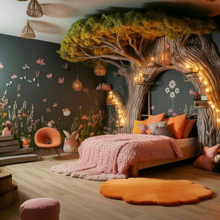 a bedroom decorated in pink, orange and grey with an oak tree mural on the wall