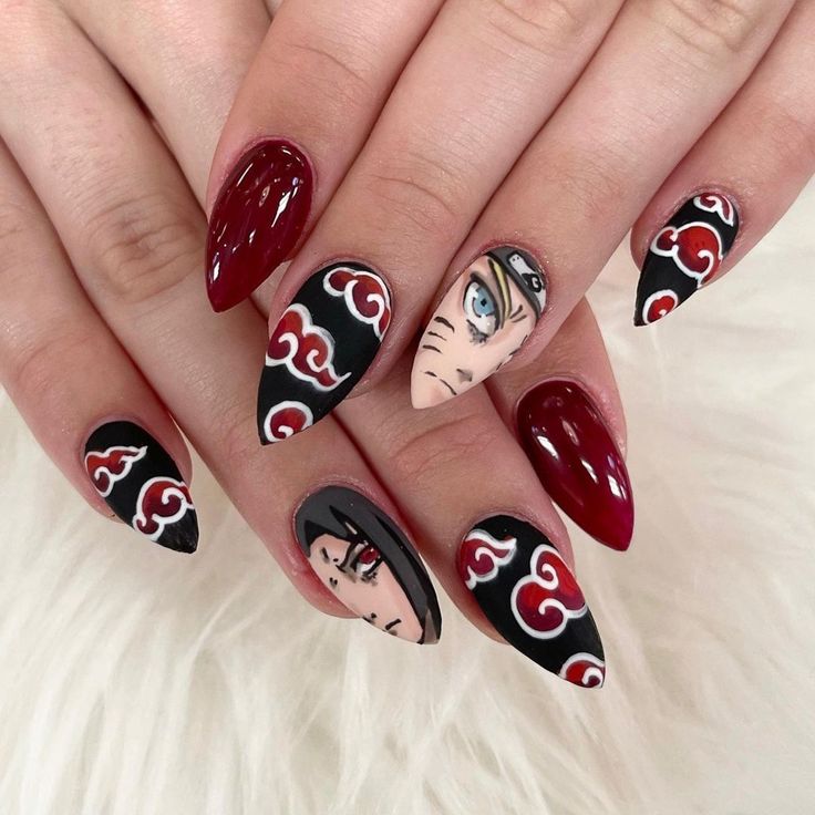 These are the most AMAZING anime nail ideas, pretty black and red Naruto nails, anime nails acrylic almond, anime nails art, amazing long anime nails Naruto, black and red anime nails designs, and general cute anime nails aesthetic! Check them out if you’re in the need for cool nail ideas! Anime Nails Naruto, Anime Nails Aesthetic, Cute Anime Nails, Anime Nails Designs, Black And Red Anime, Anime Nails Acrylic, Anime Nails Art, Anime Nail Ideas, Cool Nail Ideas