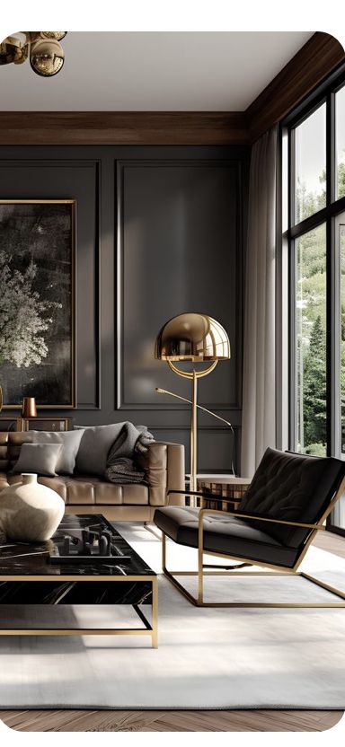 an elegant living room with black walls and gold accents