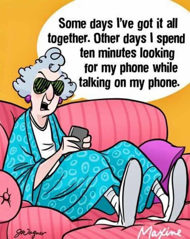 an older woman sitting on a pink couch looking at her cell phone and saying, some days i've got it all together