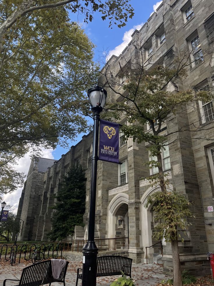 a lamp post in front of a building with a purple banner hanging from it's side