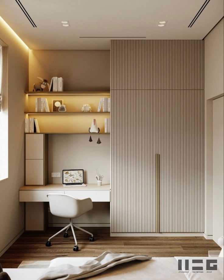 a bedroom with a bed, desk and shelves on the wall next to a window