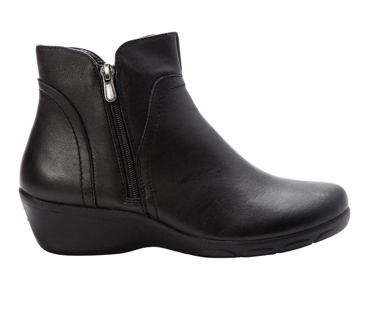 Smooth, full-grain leather upper, Easy zip-up closure, Approx. 1 3/4 inch heel, Classic round toe, Removable, synthetic foam insole made from recycled materials, Durable and lightweight synthetic outsole, Prop� branding details | Women's Propet Waverly Booties in Black Size 7.5 Wide Shoes Boots Ankle, Pu Heels, Black Boots Women, Womens Boots Ankle, Black Booties, Leather Booties, Casual Boots, Boot Shoes Women, Full Grain Leather