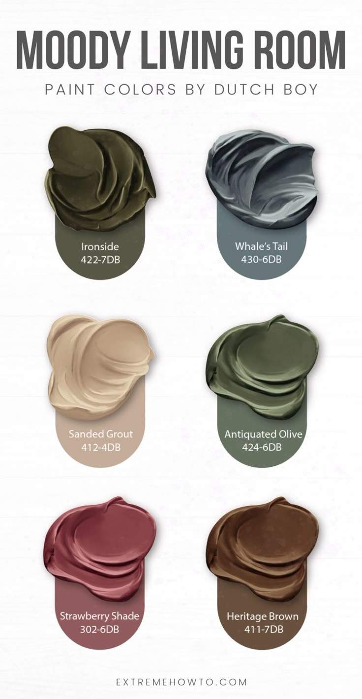 the color chart for mood living room paint colors by dutch boy, which is available in different shades