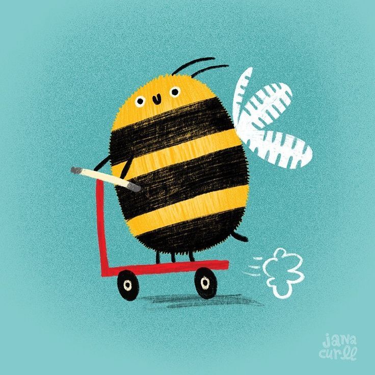 a drawing of a bee riding on top of a red wagon