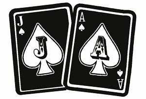 two playing cards with the letter j on each side and an ace in the middle