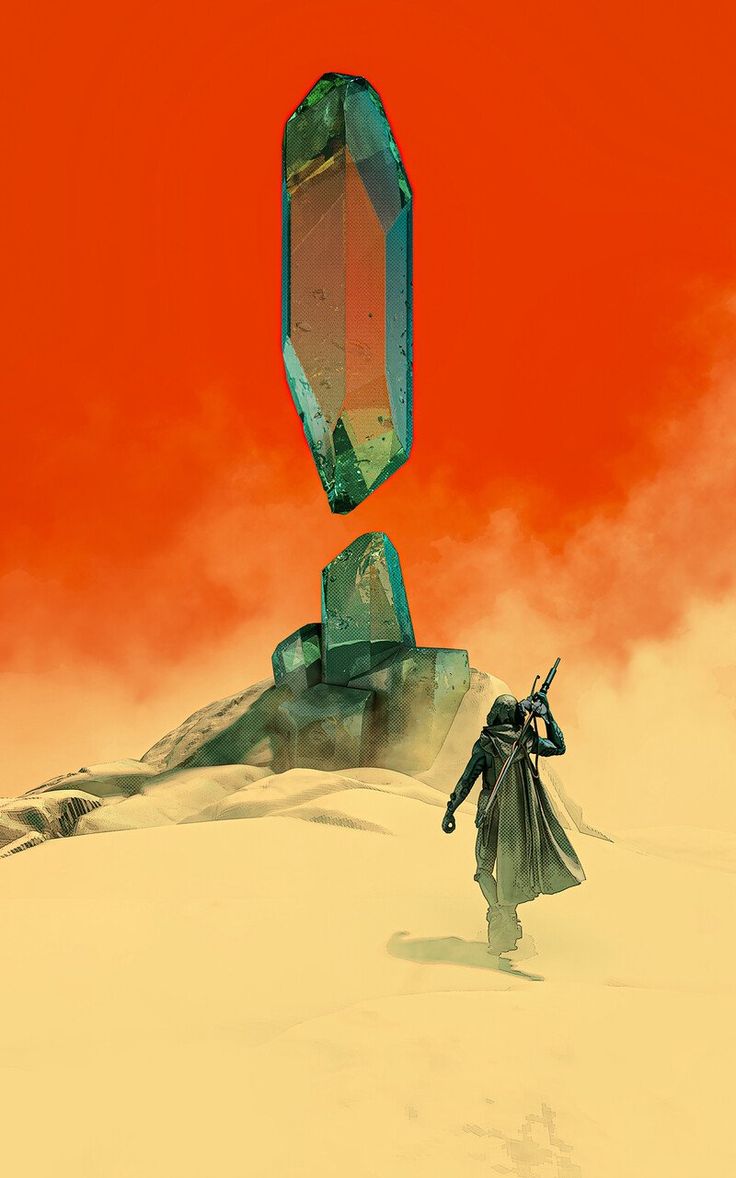 a man standing on top of a snow covered ground next to a giant crystal stone