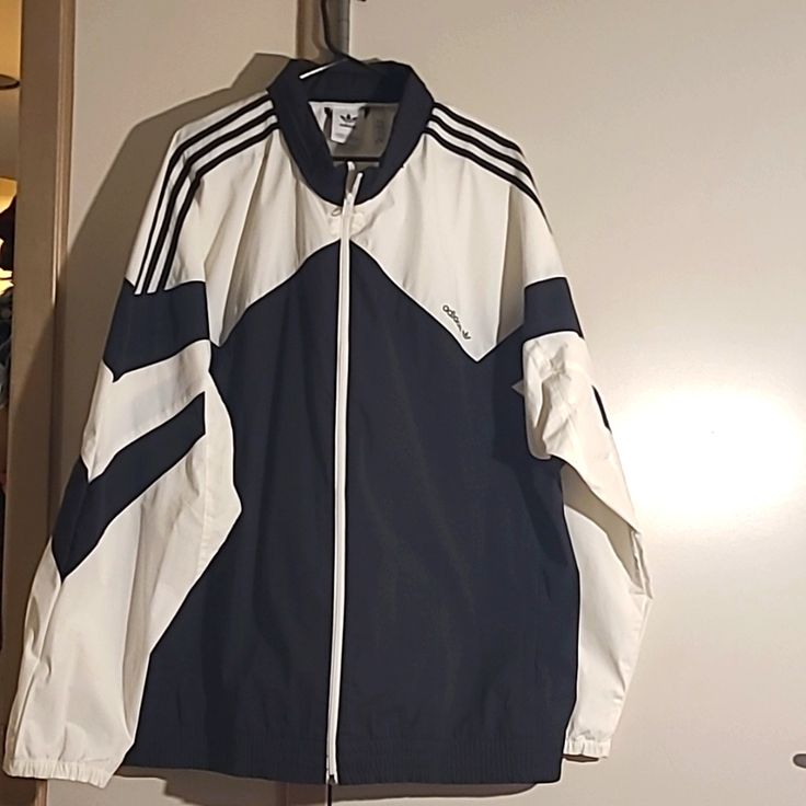 Adidas Windbreaker Jacket, Never Worn, A Little Brown Discoloration Around The Wrist Due To The White, In Good Condition, Size 2xl Men Big Windbreaker Outfit, Adidas Windbreaker Jacket, Nike Jacket Aesthetic, Y 3 Adidas, Addidas Clothing, Acubi Jacket, Windbreaker Outfit Men, Windbreaker Aesthetic, Nike Jacket Vintage