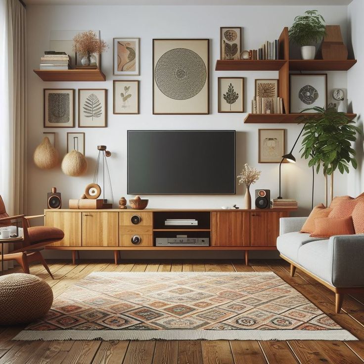 a living room filled with furniture and lots of framed pictures on the wall above it