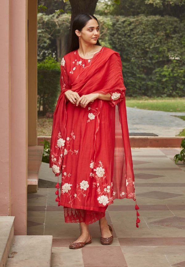 Vaayu | Camellia Floral Kurta Set | INDIASPOPUP.COM Applique Kurta, Salwar Kurti, Blouse Yoke, Organza Embroidery, Kurta Set For Women, Pakistani Dress, Kurta With Pants, Indian Designer, Kurta Designs