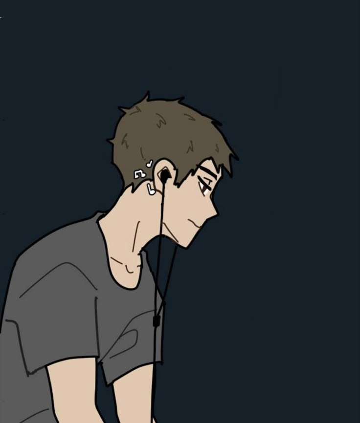 a drawing of a man with ear buds on his ears looking down at the ground