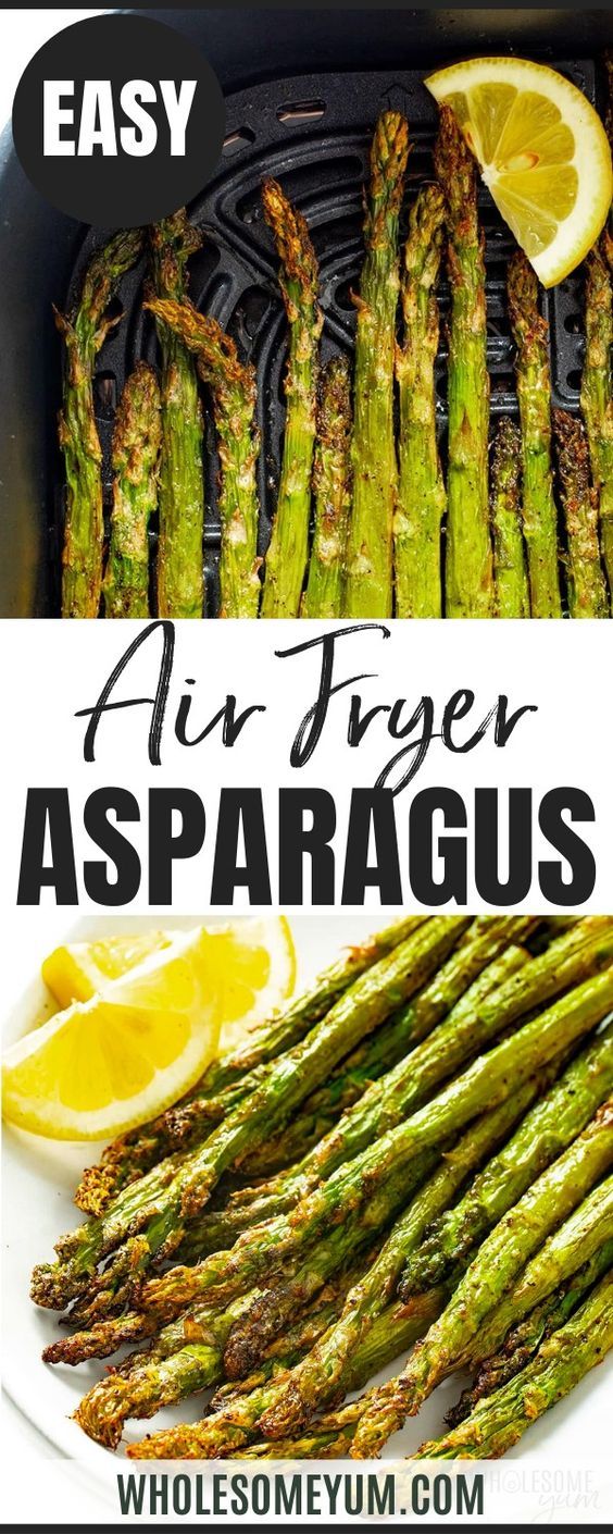 grilled asparagus with lemon wedges on the side and text overlay