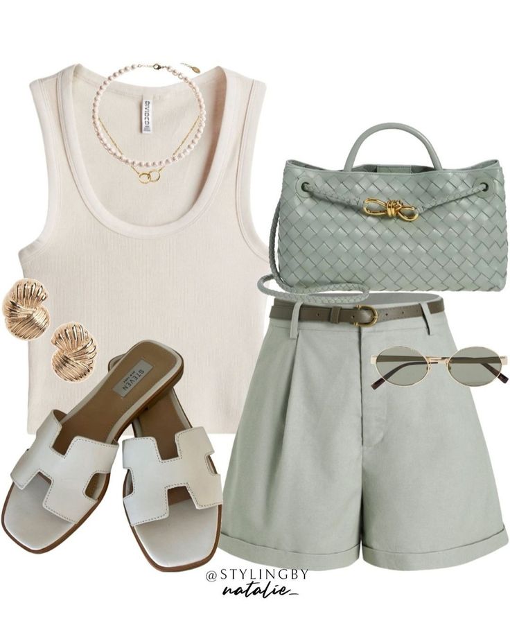 Sage Shorts Outfit, Sage Green Shorts Outfit, Sage Green Bag Outfit, Shorts Smart Casual, Green Shorts Outfit, Outfit With Shorts, White Tops Outfit, Steve Madden Slides, 30s Style