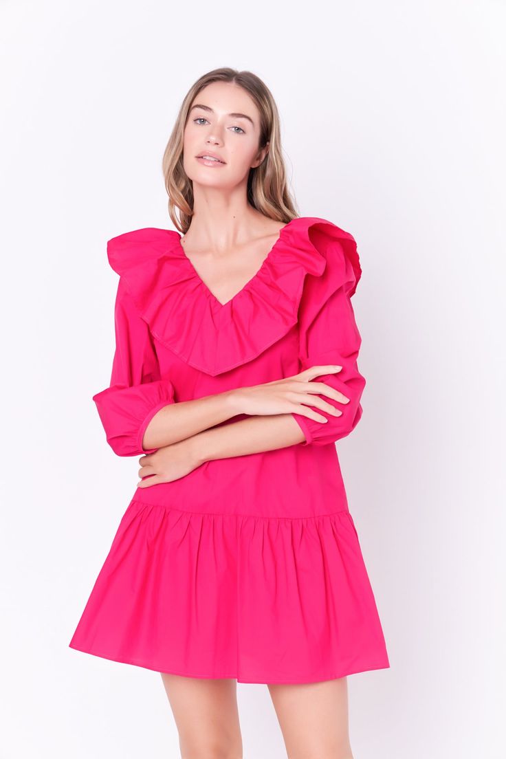 This sweet and chic ruffled mini is perfect for dressing up or dressing down. With a flattering v-neckline and delicate ruffle detail, this mini is perfect for showing off your curves. Made with a soft and lightweight fabric, it's perfect for layering. Dress it up with heels or dress it down with sandals - either way, you're sure to fall in love with our ruffled mini. V neckline Ruffle detail 3/4 puff sleeve Mini length Lining Hand wash cold Do not bleach Do not tumble dry Iron low Shell: 100% Cotton Lining: 80% Polyester 20% Cotton HN1196D Total length :33.75" Bust :36.5" S Height 5'9"/(175cm) / Bust 30"/(76.5cm) / Waist 24.5"(62cm) / Hip 34"(86cm) Pink V-neck Mini Dress With Ruffle Hem, Feminine Spring V-neck Dress With Ruffles, Chic V-neck Dress With Ruffle Hem For Day Out, Spring Tiered V-neck Dress With Ruffles, Spring V-neck Dress With Ruffles For Date Night, Spring Mini V-neck Dress With Ruffle Hem, Spring V-neck Dress With Ruffle Sleeves, Chic Pink V-neck Ruffle Dress, Flirty V-neck Dress For Spring Brunch