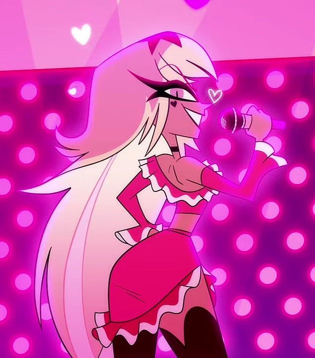 an anime character with long white hair holding a microphone in front of purple and pink lights