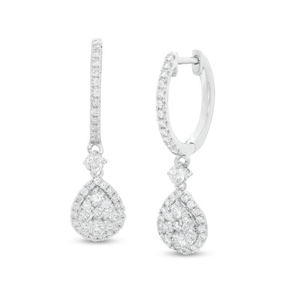 Top off your dressy looks with these sophisticated diamond drop earrings. Fashioned in 14K white gold, each stunning drop showcases a teardrop-shaped composite of diamonds wrapped in a diamond-lined frame. A shimmering 1/15 ct. diamond connects the dangle to the diamond-adorned hoop. Captivating with 1 ct. t.w. of diamonds and a bright polished shine, these earrings secure with hinged backs. White Gold Diamond Teardrop Earrings, Teardrop White Gold Diamond Hoop Earrings, Teardrop Diamond Hoop Earrings In White Gold, Brilliant Cut Teardrop Hoop Earrings For Anniversary, White Teardrop Diamond Earrings, Teardrop Diamond Hoop Earrings With Accents, White Diamond Cut Teardrop Earrings, Teardrop Brilliant Cut Fine Jewelry Hoop Earrings, White Diamond-cut Teardrop Earrings