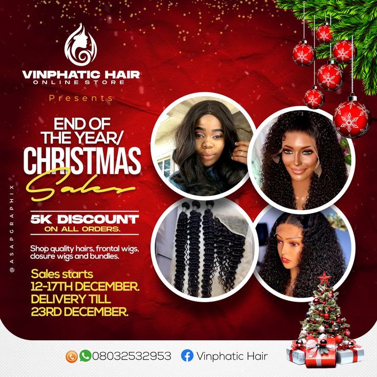 an advertisement for the end of the year christmas sale with three different types of hair