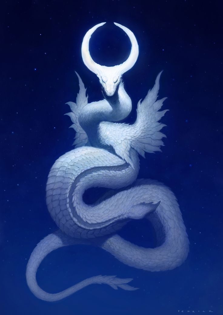 a white dragon sitting on top of a blue background with the moon in the sky