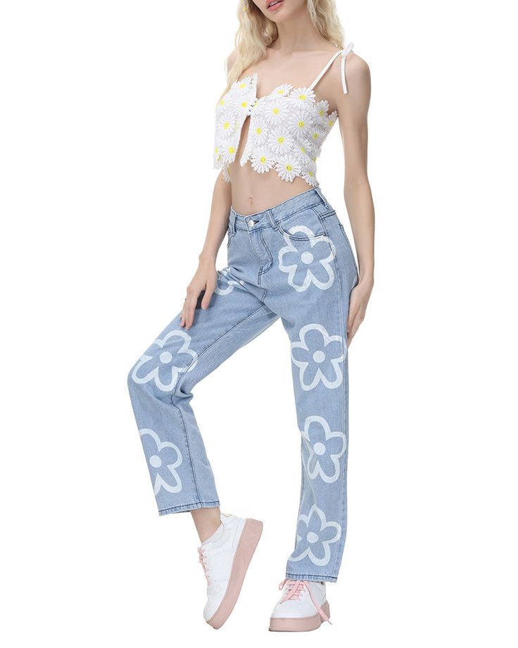 Model (WearingS):•Â?/span>Height: 178cm | Bust: 89cm | Waist: 60cm | Hip: 89cmDetails: Jeans with floral print at sidesLength: LongMaterials: 95% Cotton + 5% Spandex * Note: All new denim products come with button holes knitted to make sure such product is 100% new from suppliers Blue Denim Jeans With Floral Print, Trendy Denim Bottoms With Floral Print, Casual Straight Leg Floral Print Jeans, Casual Floral Print Straight Leg Jeans, Mid-rise Cotton Bottoms With Floral Print, Casual Denim Blue Floral Print Jeans, Casual Cotton Jeans With Floral Print, Mid-rise Cotton Floral Print Bottoms, Casual Floral Print Denim Blue Jeans