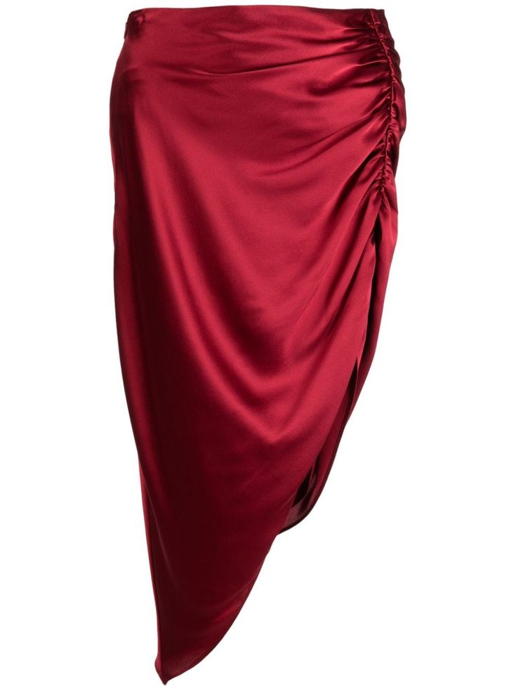 rose red silk satin weave ruched detailing concealed side zip fastening asymmetric hem Satin Skirt With Ruched Detail For Night Out, Elegant Ruched Draped Skirt For Night Out, Satin Ruched Skirt For Night Out, Ruched Draped Skirt For Night Out, Ruched Satin Skirt For Night Out, Formal Asymmetrical Silk Draped Skirt, Formal Silk Draped Asymmetrical Skirt, Silk Draped Skirt For Formal Occasions, Party Satin Ruched Skirt