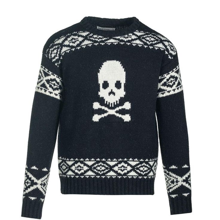 Schott Jolly Roger Wool Motif Sweater Men's Wool Crew Neck Sweater For Streetwear, Winter Long Sleeve Sweater With Skull Print, Winter Skull Print Sweater For Streetwear, Winter Streetwear Sweater With Skull Print, Fall Skull Print Crew Neck Sweater, Goth Sweater, Skull Sweater, Autumn 2022, Jolly Roger