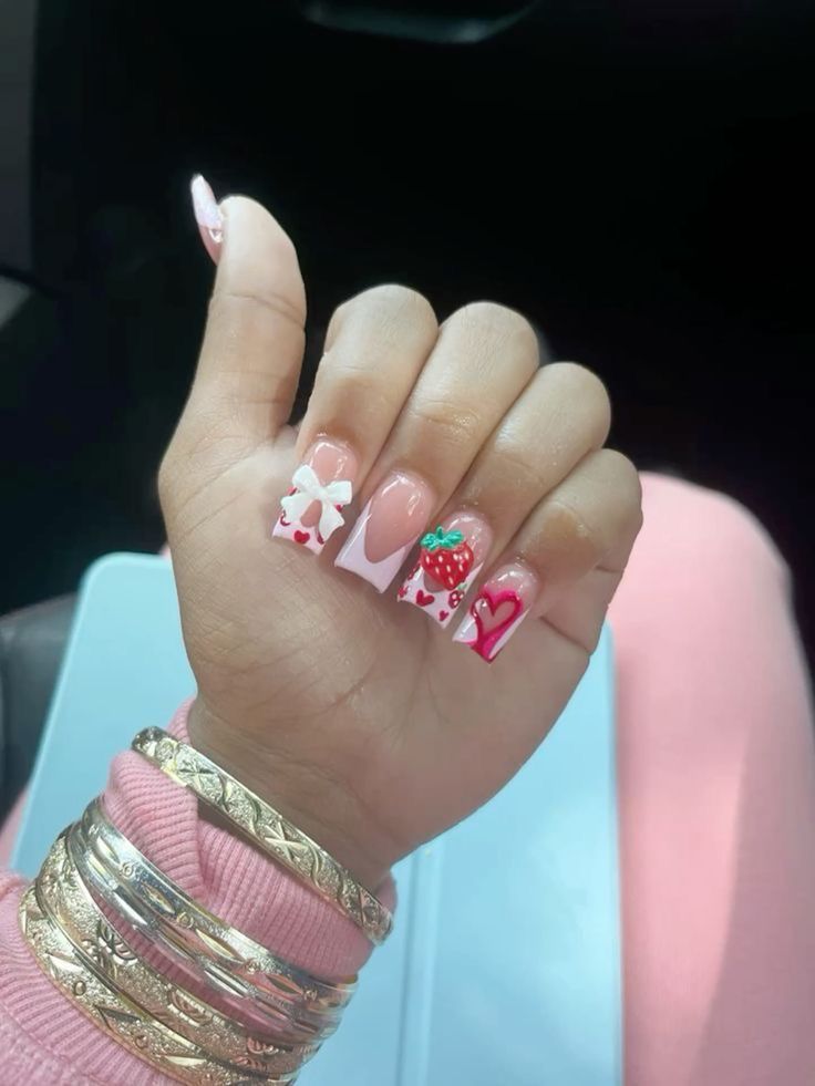 Cute Simple Nails Pink, Nail Art On Pink Nails, Cute Overlay Nails, Red And Pink Nails Ideas, Acrylics Design, Acrylic Nail Set, Hard Nails, Duck Nails, Colored Acrylic Nails