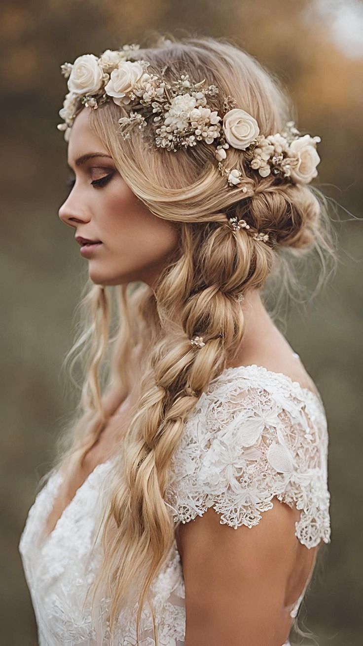 a woman with long blonde hair wearing a braid and flowers in her hair is looking off to the side