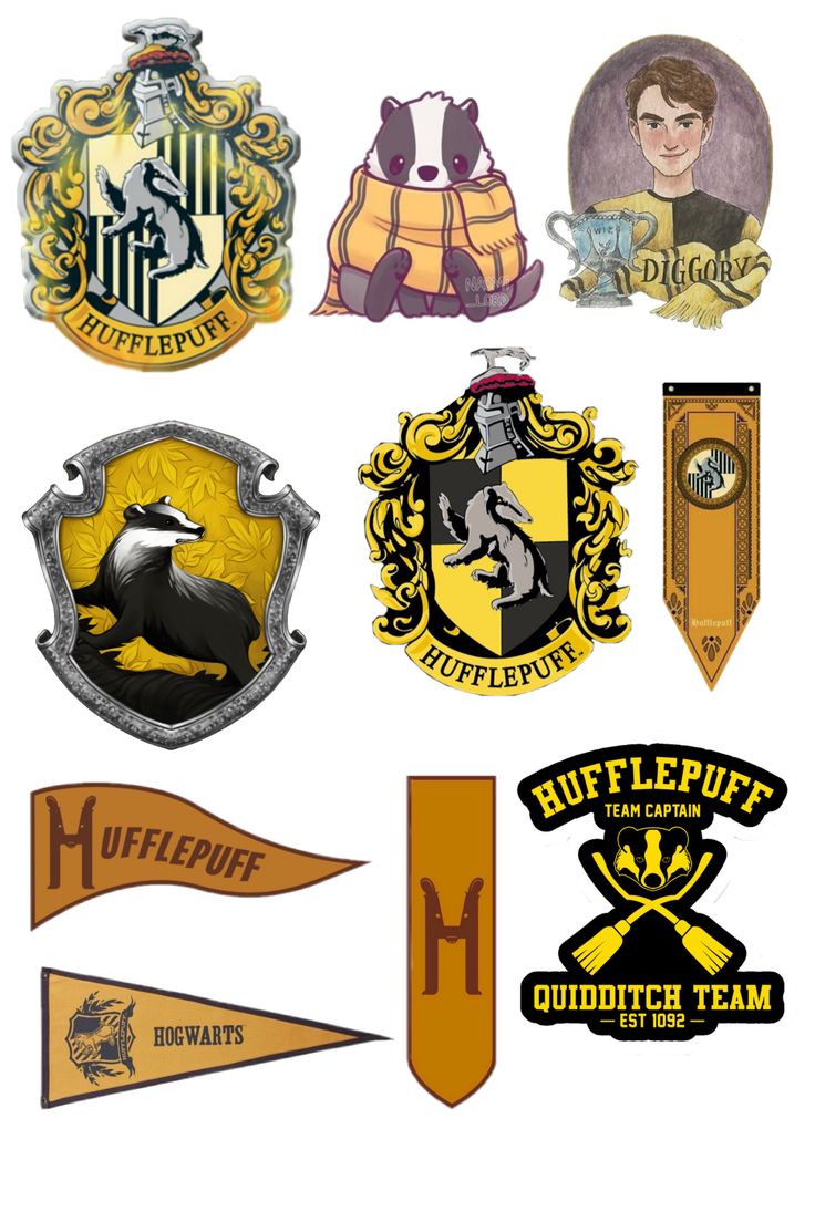 some harry potter crests and other hogwart's houses stickers on a white background