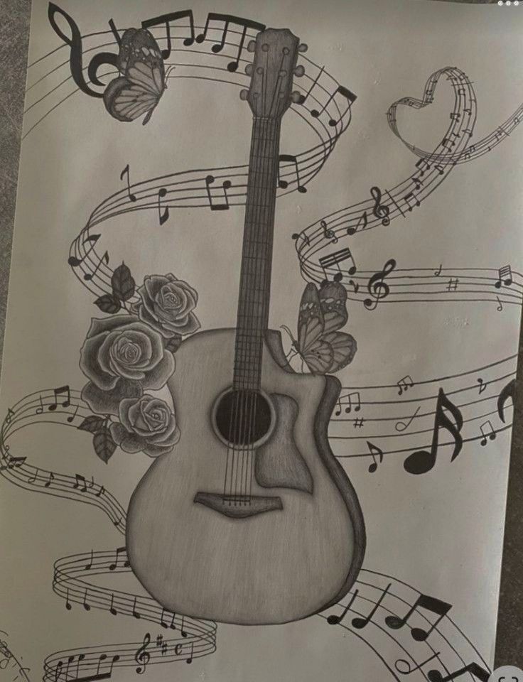 a drawing of an acoustic guitar with music notes and roses on the strings behind it