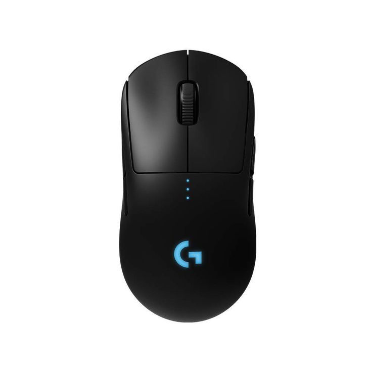 a black computer mouse with the g logo on it's left side and blue light at the top