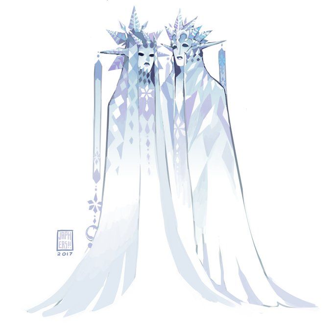 two people dressed in white standing next to each other with long hair and ice crystals on their heads