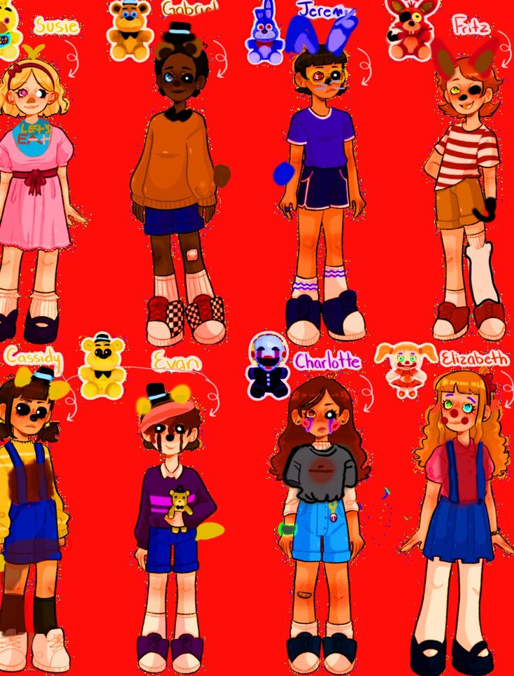 some cartoon characters are standing together on a red background