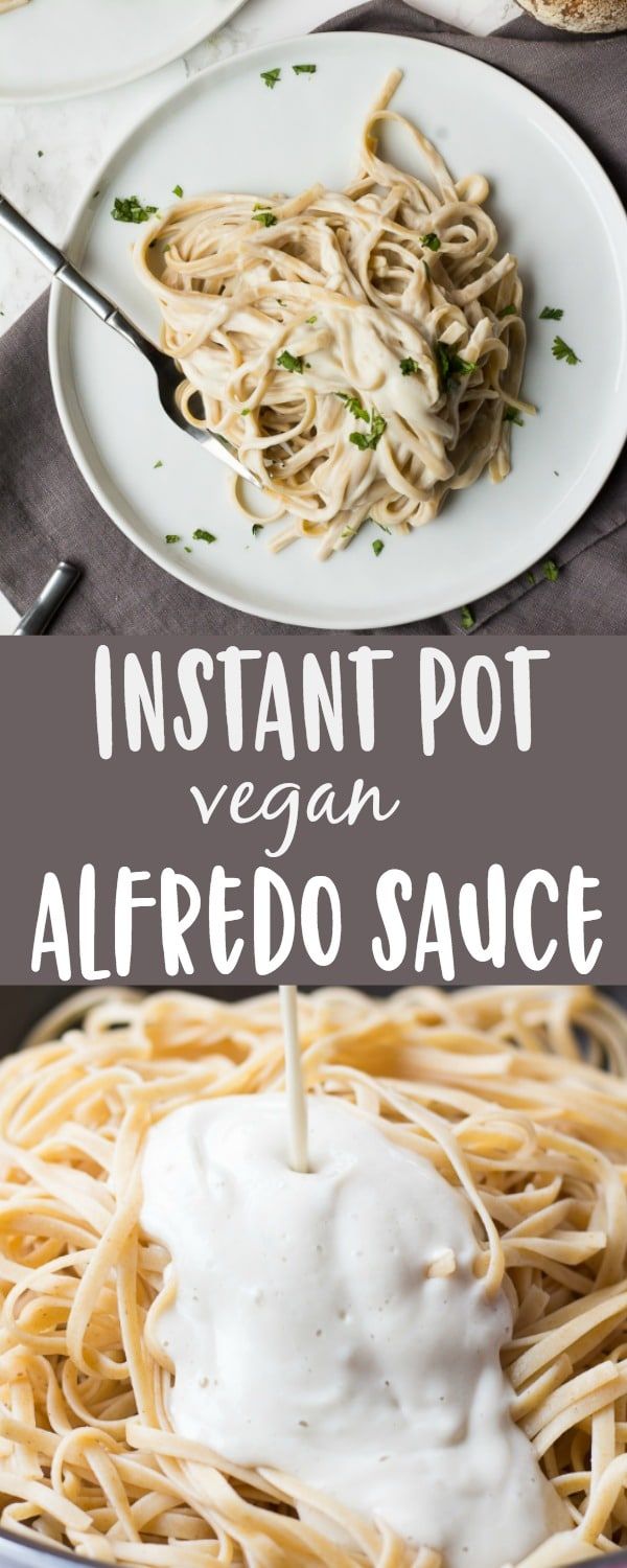 an image of a plate of food with sauce on top and the words instant pot vegan alfredo sauce above it