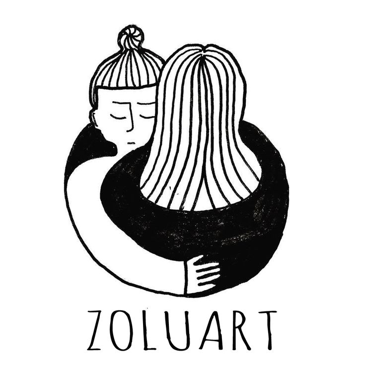 a black and white drawing of two people hugging each other with the word love written below