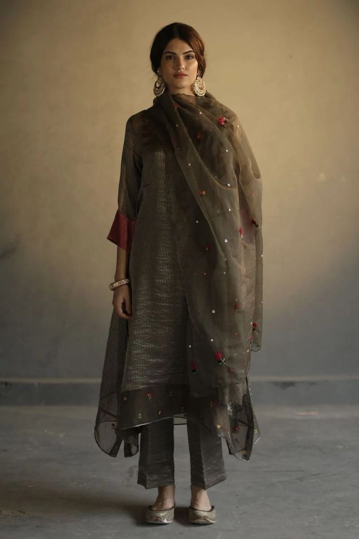 Grey Kurta, Blouse Yoke, A Line Kurta, Party Wear Indian Dresses, Organza Dupatta, Embroidered Neckline, Indian Fashion Designers, Indian Outfit, Satin Slip