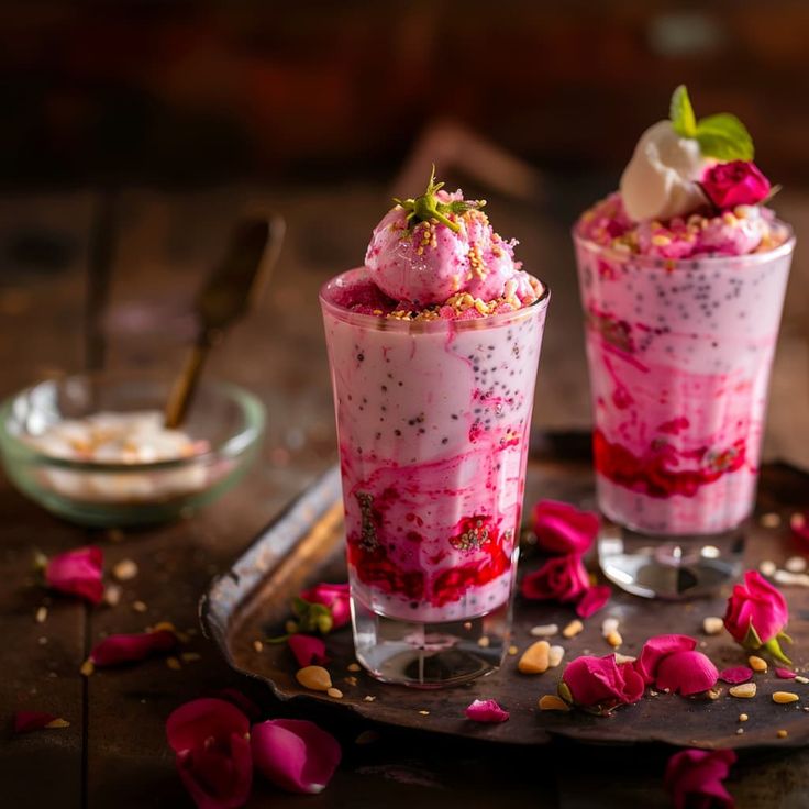 two glasses filled with dessert sitting on top of a metal tray next to pink flowers