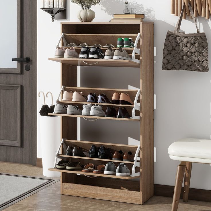 a wooden shoe rack filled with lots of shoes