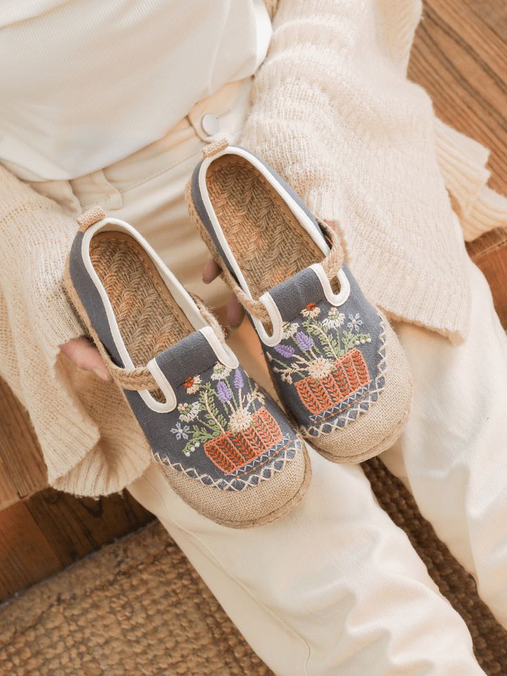 Grey Comfortable Spring Espadrilles With Round Toe, Embroidered Slip-on Espadrilles For Beach, Comfortable Textile Espadrilles For Spring, Spring Espadrilles With Round Toe, Comfortable Round Toe Espadrilles For Spring, Casual Flat Embroidered Espadrilles, Spring Embroidered Round Toe Espadrilles, Spring Embroidered Closed Toe Espadrilles, Embroidered Closed Toe Espadrilles For Spring