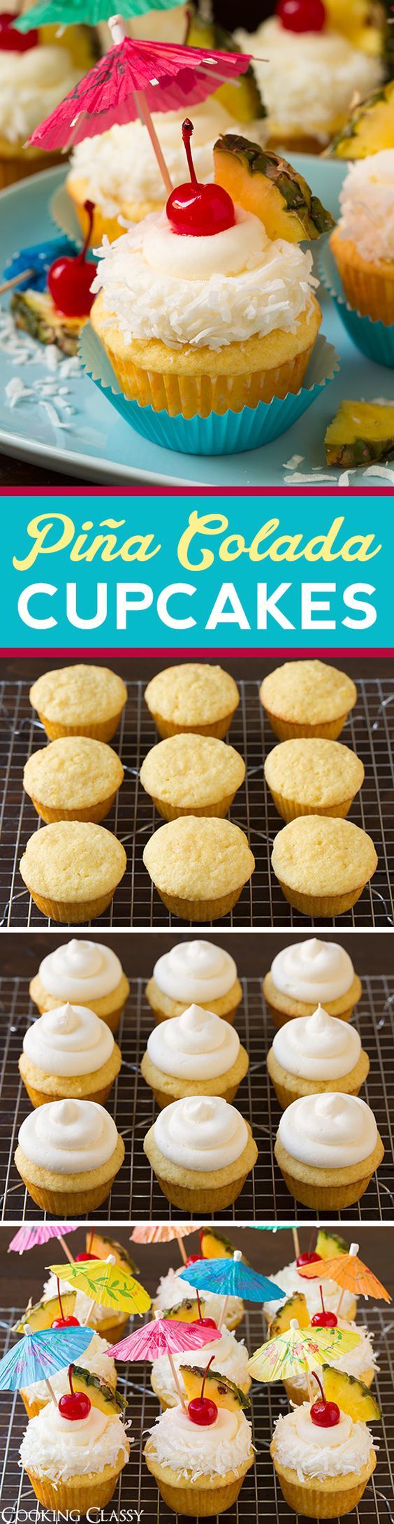 cupcakes with white frosting and toppings on cooling racks, including an umbrella