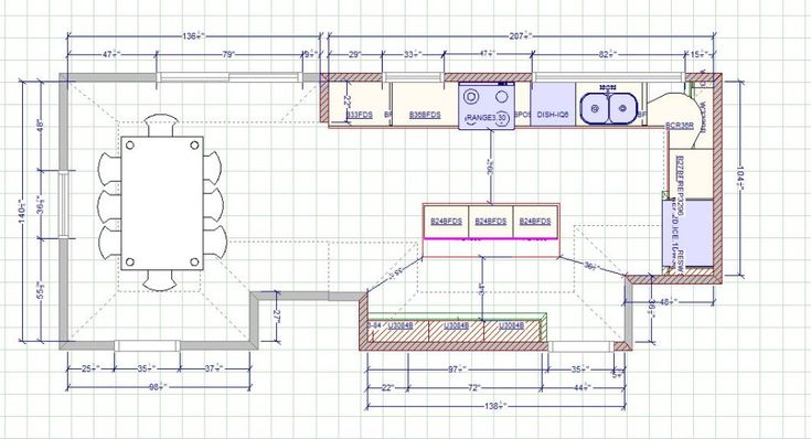 a drawing of a kitchen and dining room with blueprints on the walls, floor plans