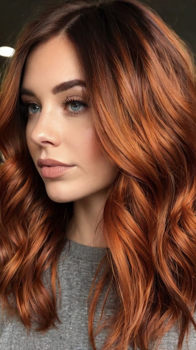 Edgy 39 Copper Hair Color Ideas for Copper with Red Highlights 🌼 Copper Lob, Copper Hair Color Ideas, Subtle Highlights, Copper Hair Color, Red Highlights, Textured Waves, Copper Hair, Fiery Red, Style At Home