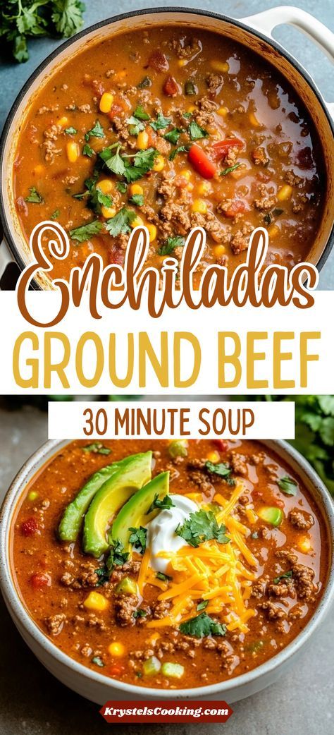 two bowls of enchiladas ground beef soup with avocado and sour cream