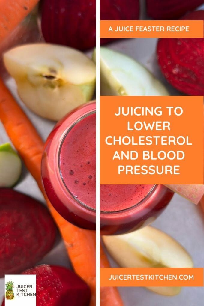 a juicer filled with fruit and vegetables next to the words juicing to lower cholestrol and blood pressure