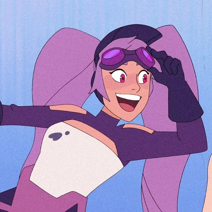 an animated woman with purple hair and goggles on her head is smiling at the camera