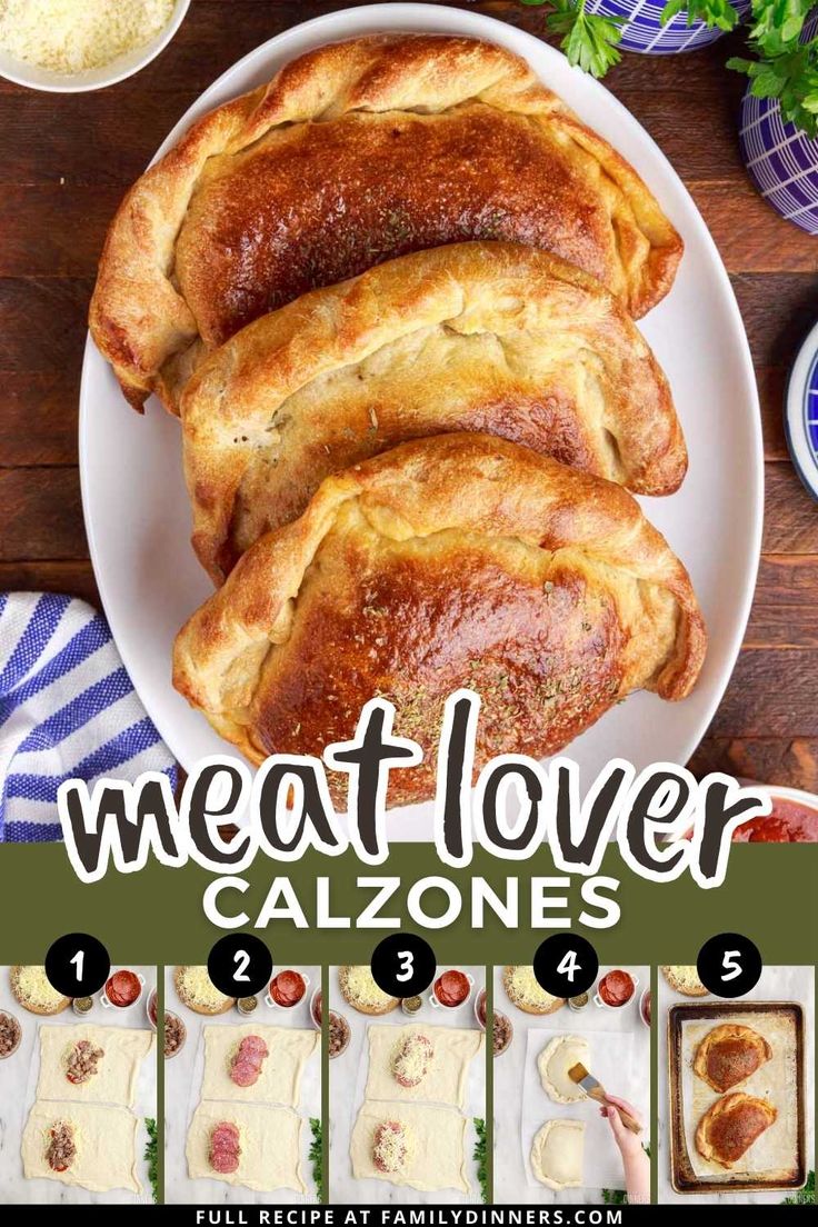 meat lover calzones recipe on a white plate with the title overlaying it