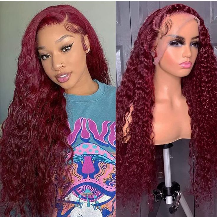 PRICES MAY VARY. 99j Burgundy Lace Front Wigs Human Hair Material: 100% Unprocessed Virgin Human Hair, Cut From Young Girl. Soft and Bouncy, Natural and Healthy. No Animal, No Smell, No Chemical Processed, No Shedding, No tangle Burgundy human hair lace front wigs Texture: Deep wave 99j Burgundy 13x4 Lace Front Wigs, Physical Heat Setting, Long Lasting Waves, Stylish Colors. Glueless Wigs Human Hair Pre Plucked, True to Length, Can Be Straightened, Colored and Restyled As You Like 99J Red Lace F Curly Lace Frontal, Hair Patterns, Brazilian Remy Hair, Red Wigs, Colored Wigs, Brown Wig, Lace Hair, Long Wigs, Deep Wave