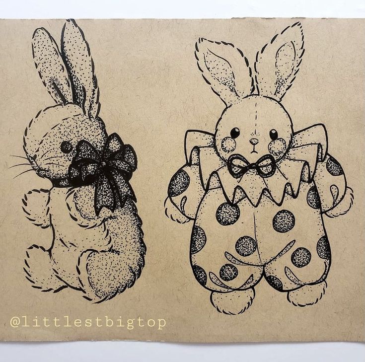 two drawings of bunnies with bows on them