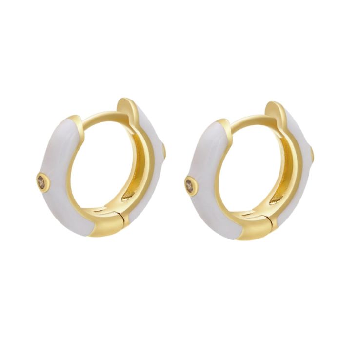 Our Angie Huggies are charming for casual wear, and can be used as lobe earrings, second hole hoop earrings or even sleep on them. Stack'em with more of your favorites for a gorgeous look. Made of brass with a gold plating and colorful oil drip enamel, each huggie features a delicate CZ stone to brighten the stack. - Care Instructions: Avoid contact with water, lotion, and perfume. Clean gently with a polishing cloth. Product Specifications: - Gold plated copper - Coloful enamel - Cubic Zirconia Trendy White Huggie Hoop Earrings, Hypoallergenic White Gold Plated Hoop Earrings, White Gold Plated Hypoallergenic Hoop Earrings, White Gold-plated Hypoallergenic Hoop Earrings, Hypoallergenic White Huggie Earrings Gold-plated, White Tarnish Resistant Small Hoop Huggie Earrings, White Tarnish-resistant Small Hoop Huggie Earrings, Tarnish Resistant White Small Hoop Earrings, White Gold-plated Huggie Earrings