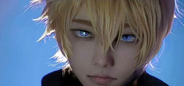 an anime character with blonde hair and blue eyes looks at the camera while wearing a black jacket