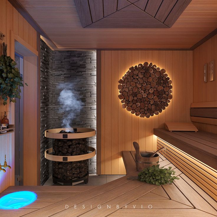 a sauna room with wood floors and a circular wooden table surrounded by firewood logs